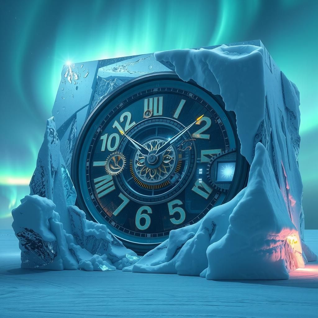 big clock installed in a icecube, nortlights,cold , detailed matte painting, deep color, fantastical, intricate detail, ...
