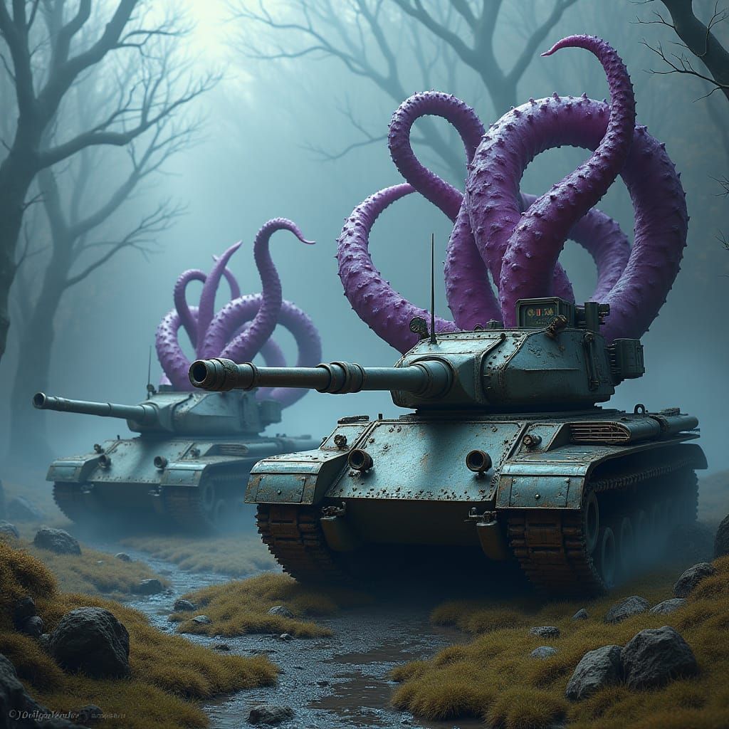 Tanks with Tentacles in Fantasy Landscape