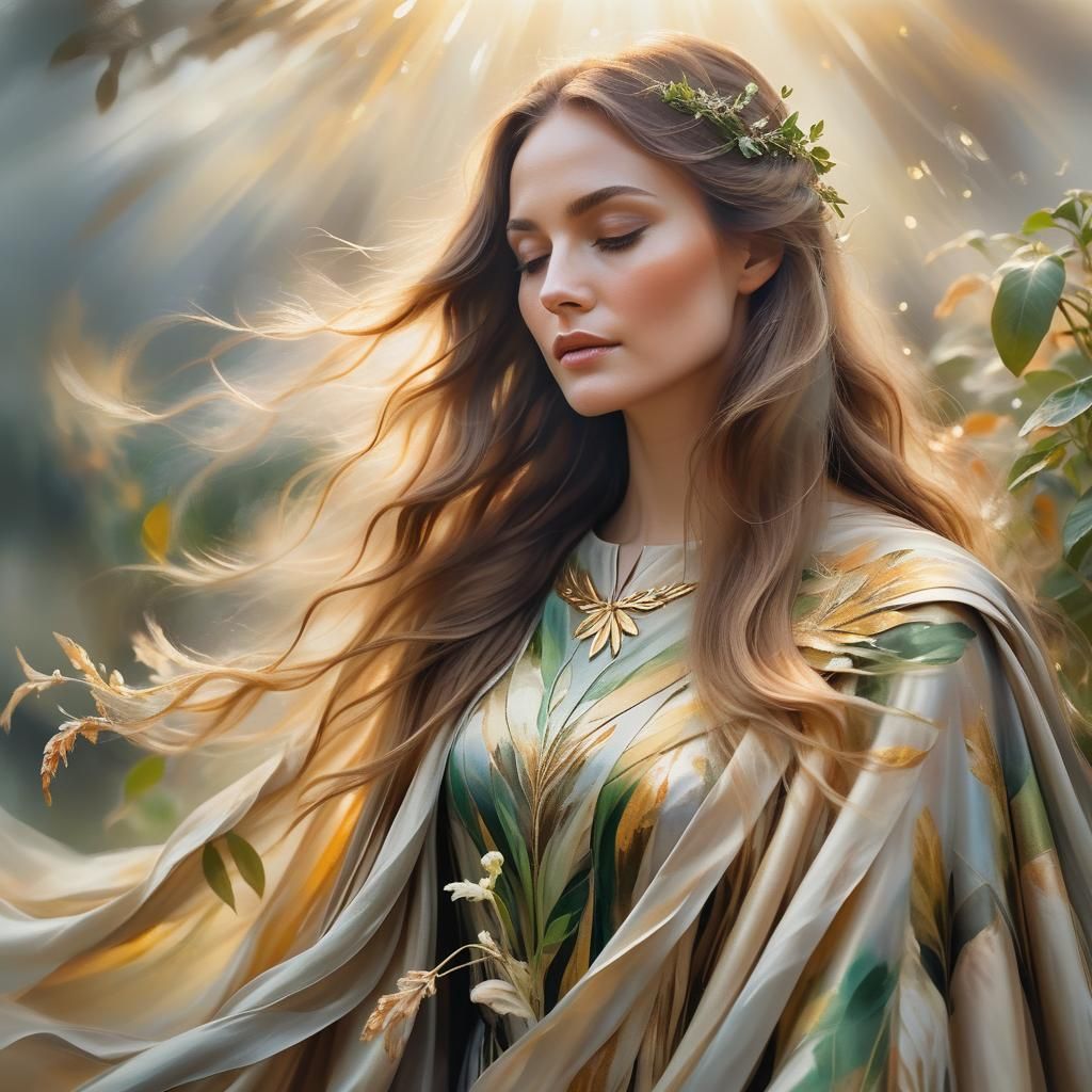 Ethereal Portrait of Woman Creating Plants as Oil Painting