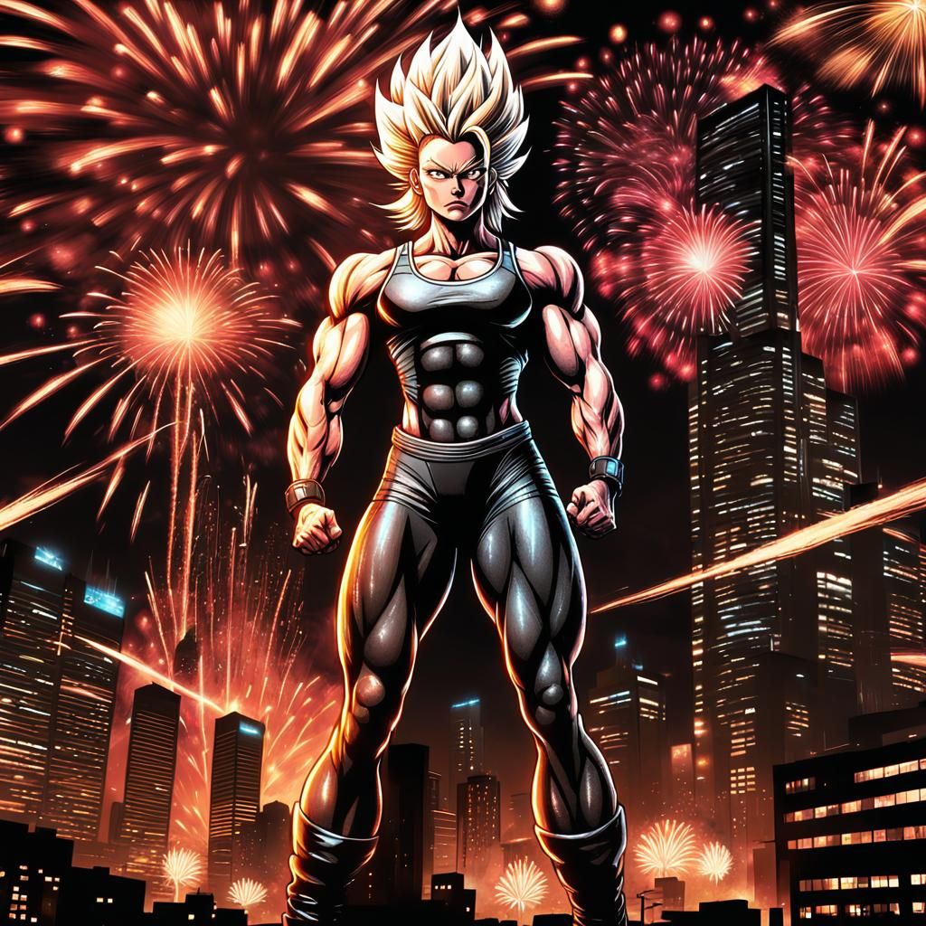 80s Anime Super Saiyan Woman in Metropolis