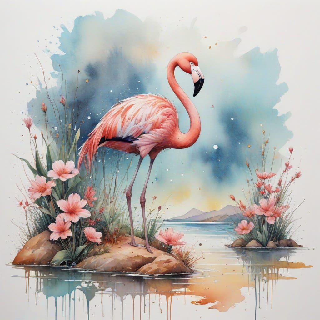 Ethereal Oasis Under Starlit Skies in Vibrant Watercolour St...