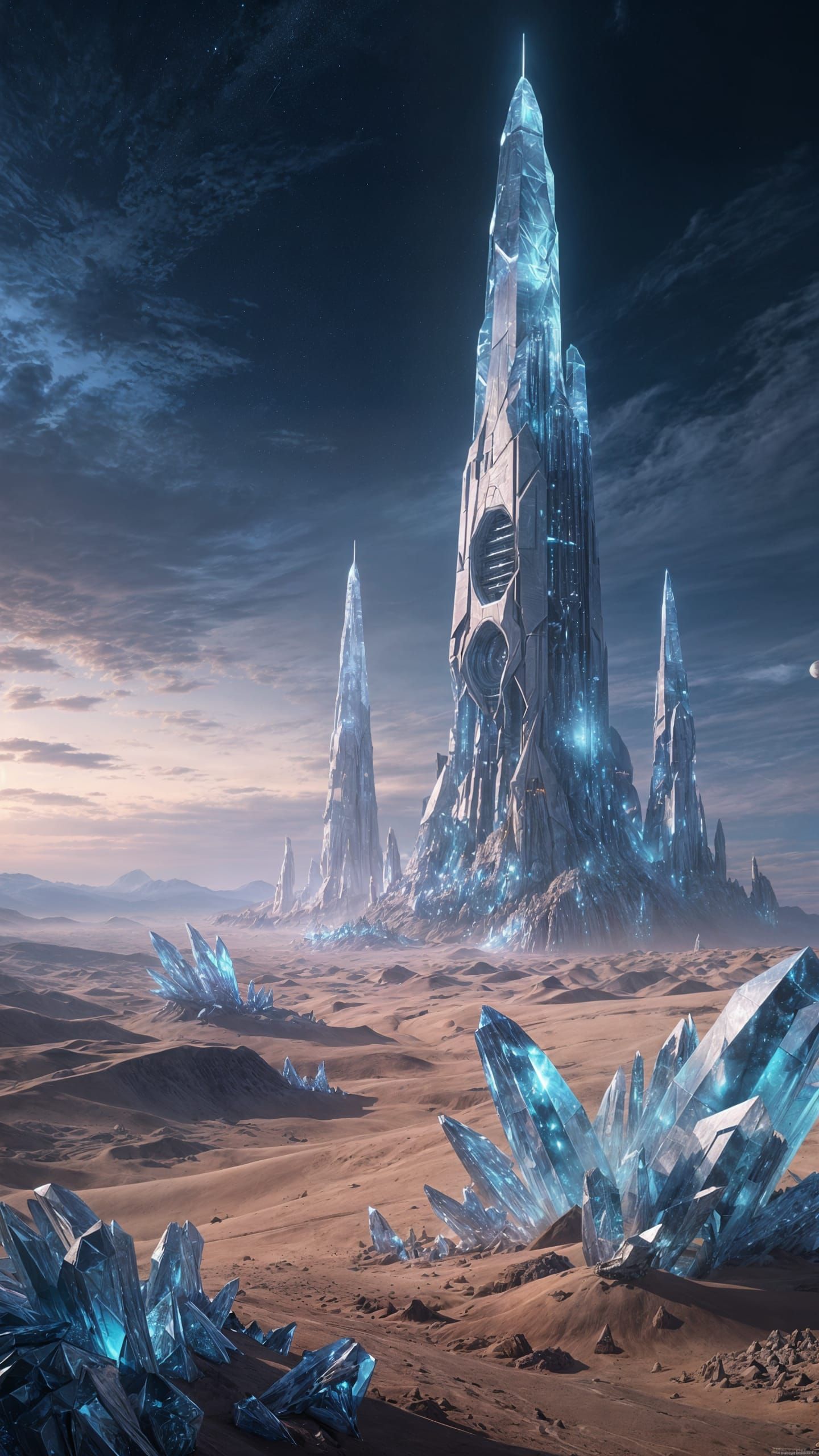 Crystal Desert Spires Under Twilight Sky