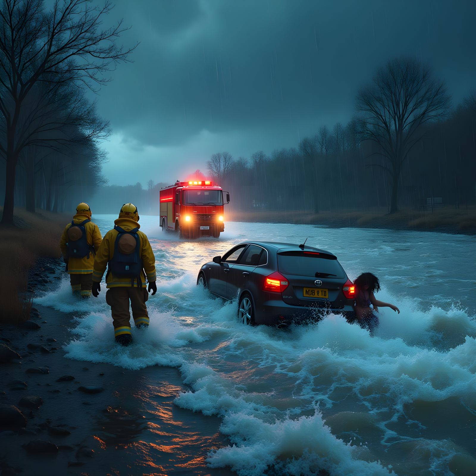 Dramatic Fire Truck Rescue in Stormy Flood