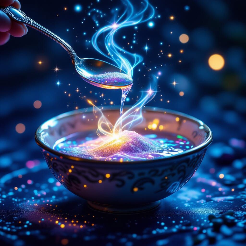 Magical Ingredients Trickling from Spoon into Bowl
