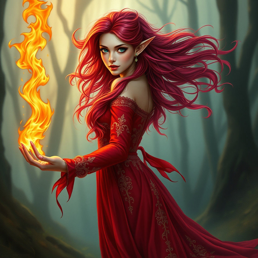 Elf with Fire Powers in Faerie Art Style
