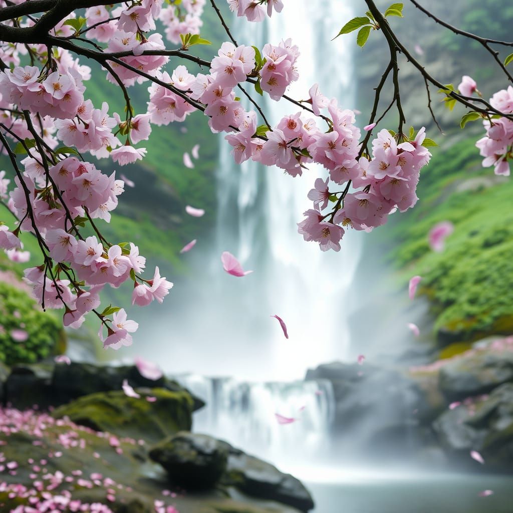 Serene Spring Scene with Floating Cherry Petals