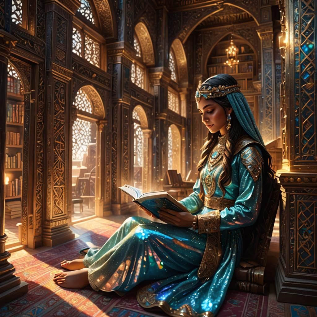 Arabian Warrior Princess Reading in Palace Library