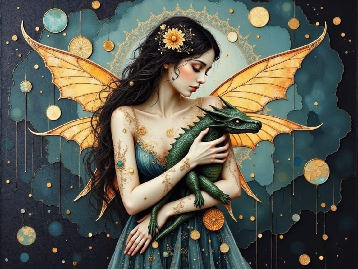 Ethereal Fairy Tends Injured Baby Dragon in Twilight