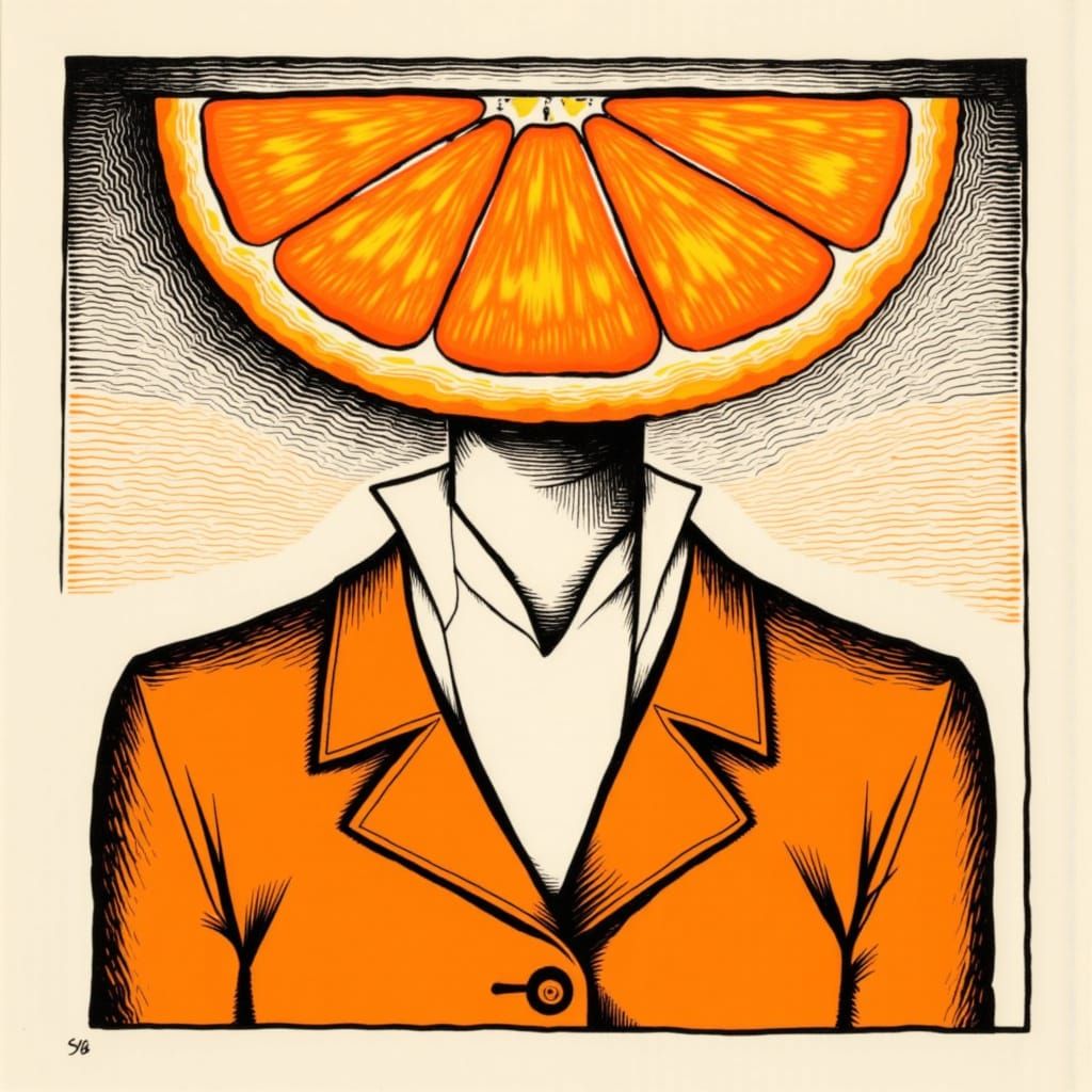 Abstract Linocut Figure with Orange Slice Head