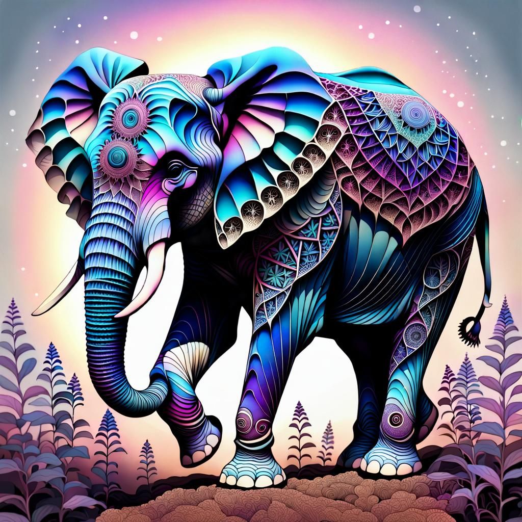 Intricate Zentangle Elephant-Alien Hybrid with Fractal Geome...