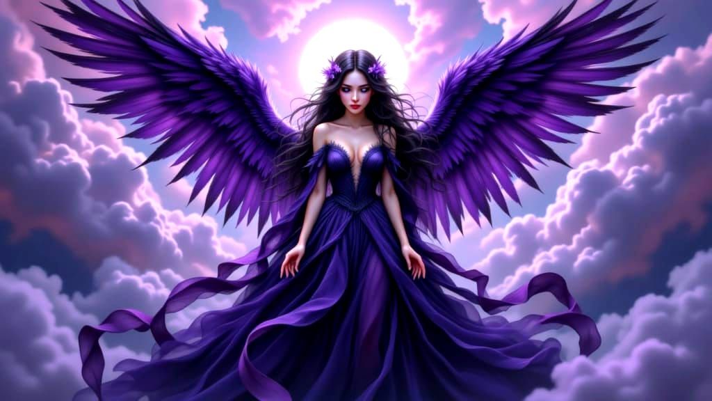 Fallen Angel with Purple Wings in Swirling Purgatory