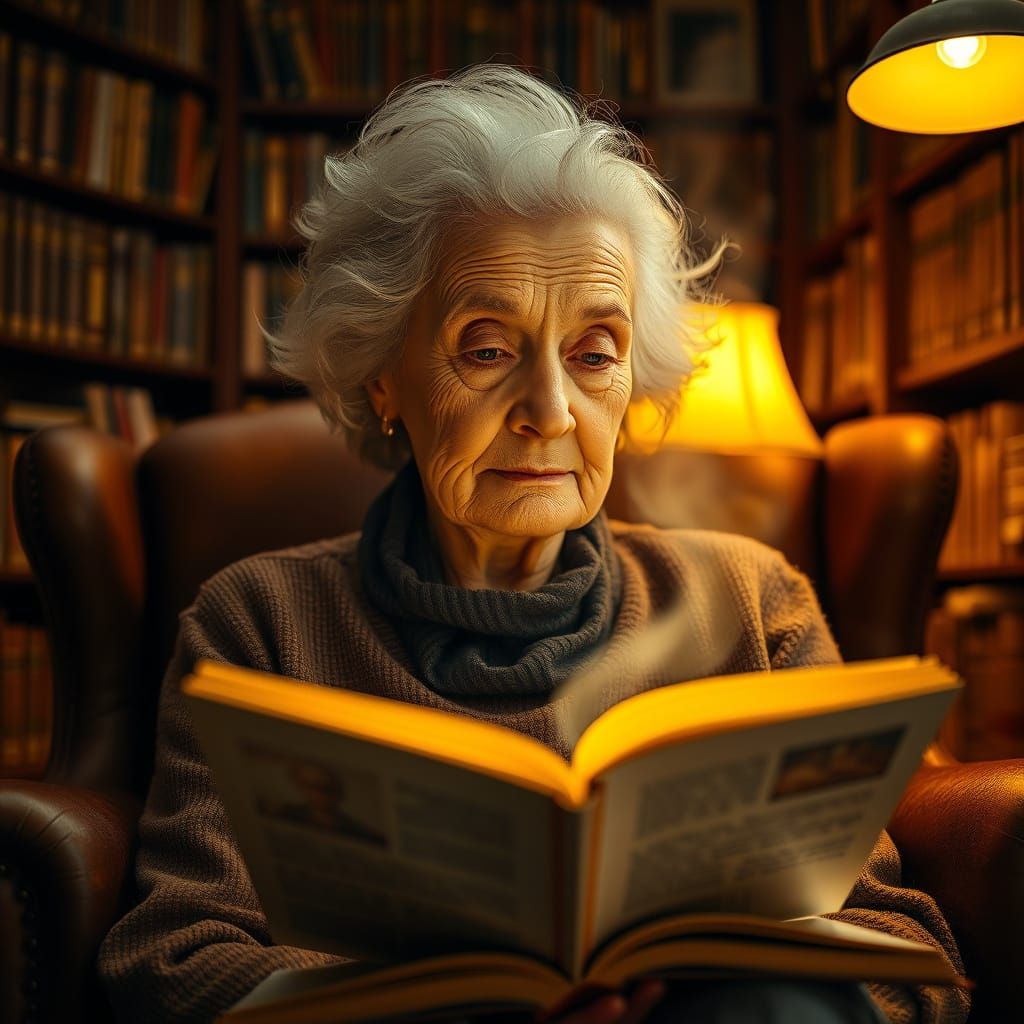 Elderly Woman Reads by Firelight in Cozy Booklined Room