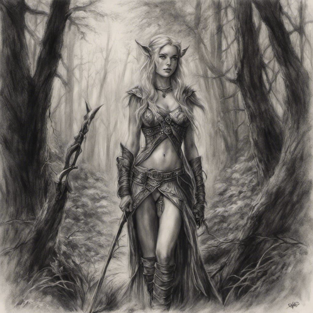 Elven Ranger in Forest, Charcoal Drawing