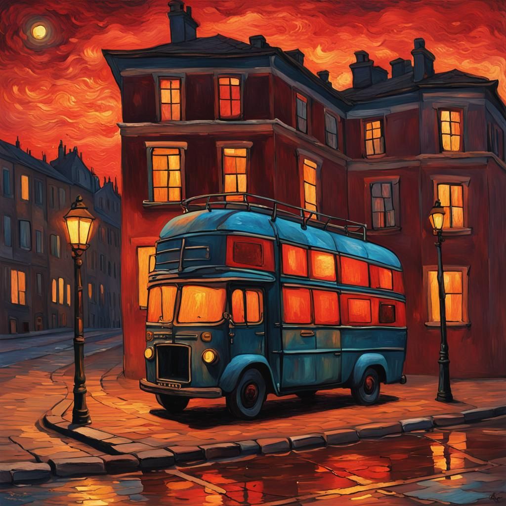 Red Lamp at Dusk in Van Gogh Style