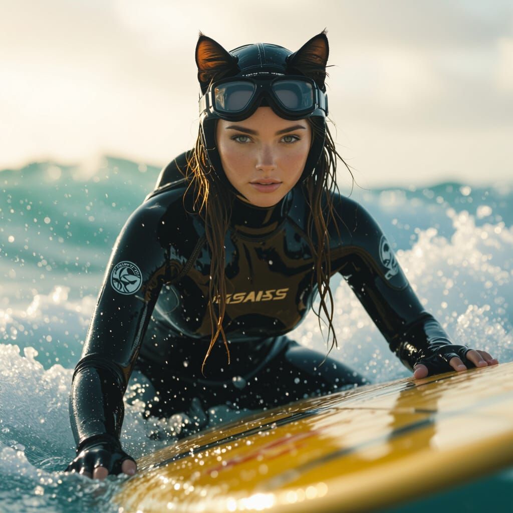 Catgirl Surfer in Wetsuit: Cinematic Film Still