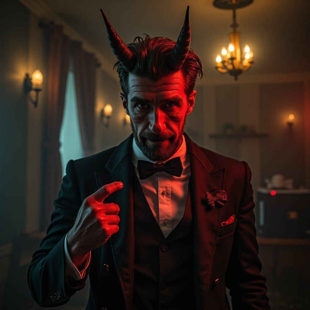 Surreal Portait of a Mischievous Devil in a Tuxedo