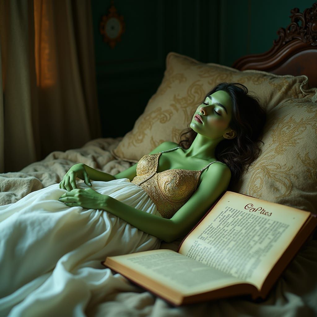 Whimsical Green Goddess Slumbers Amidst Love Story Pages