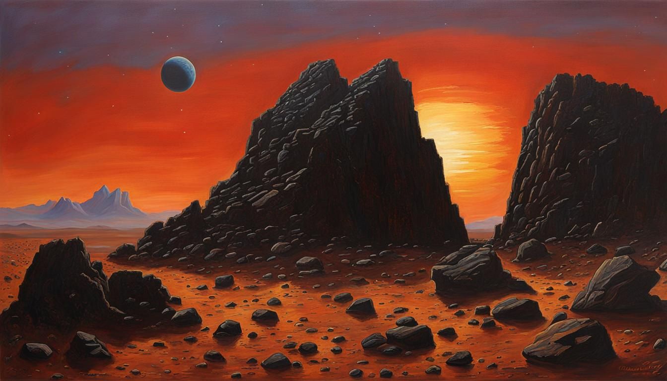 Martian Sunset Oil Painting with Basalt Rocks