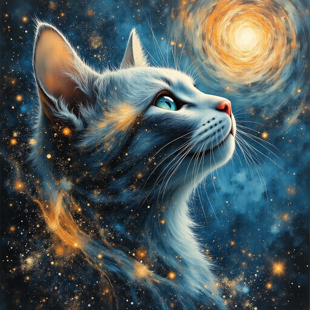 Cosmic Cat Nebula Gazing at Galaxy in Impasto Style