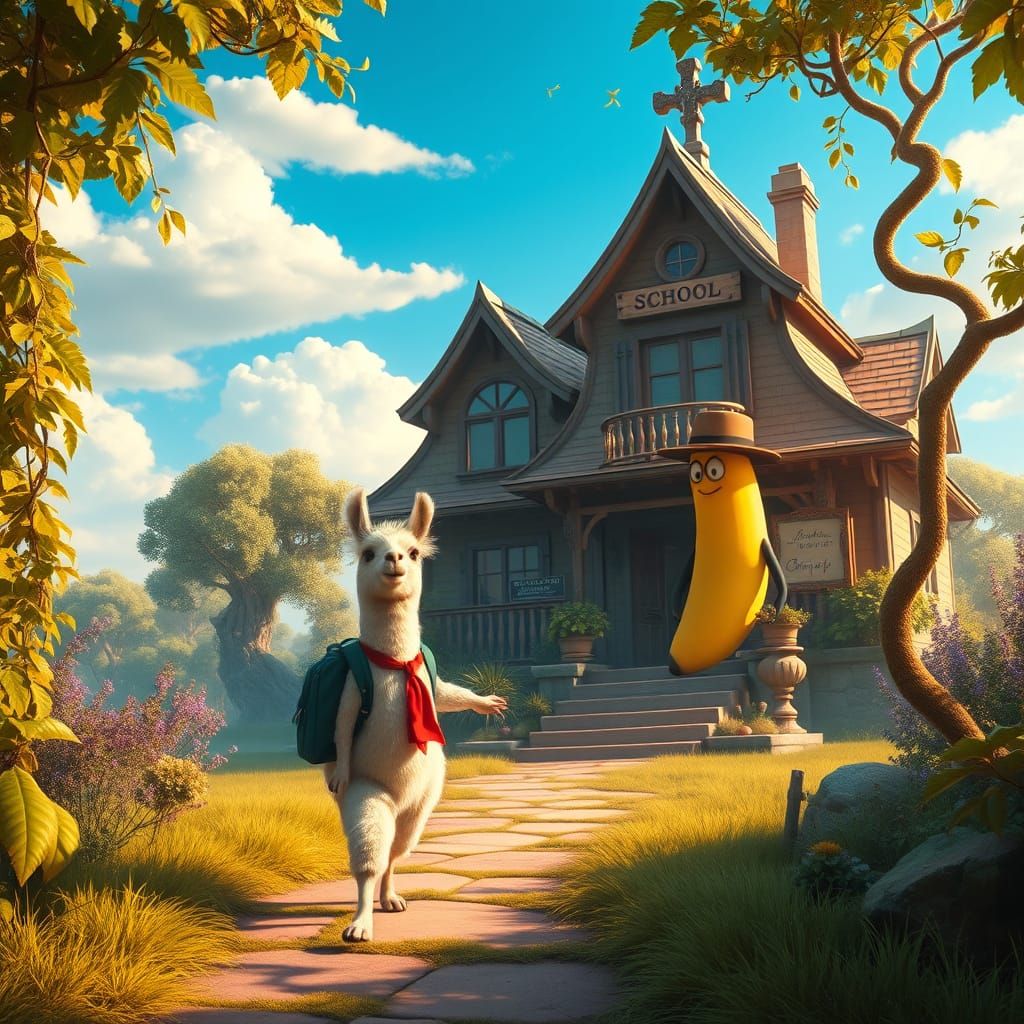 Young Llama and Banana Friend Stroll Towards Whimsical Schoo...
