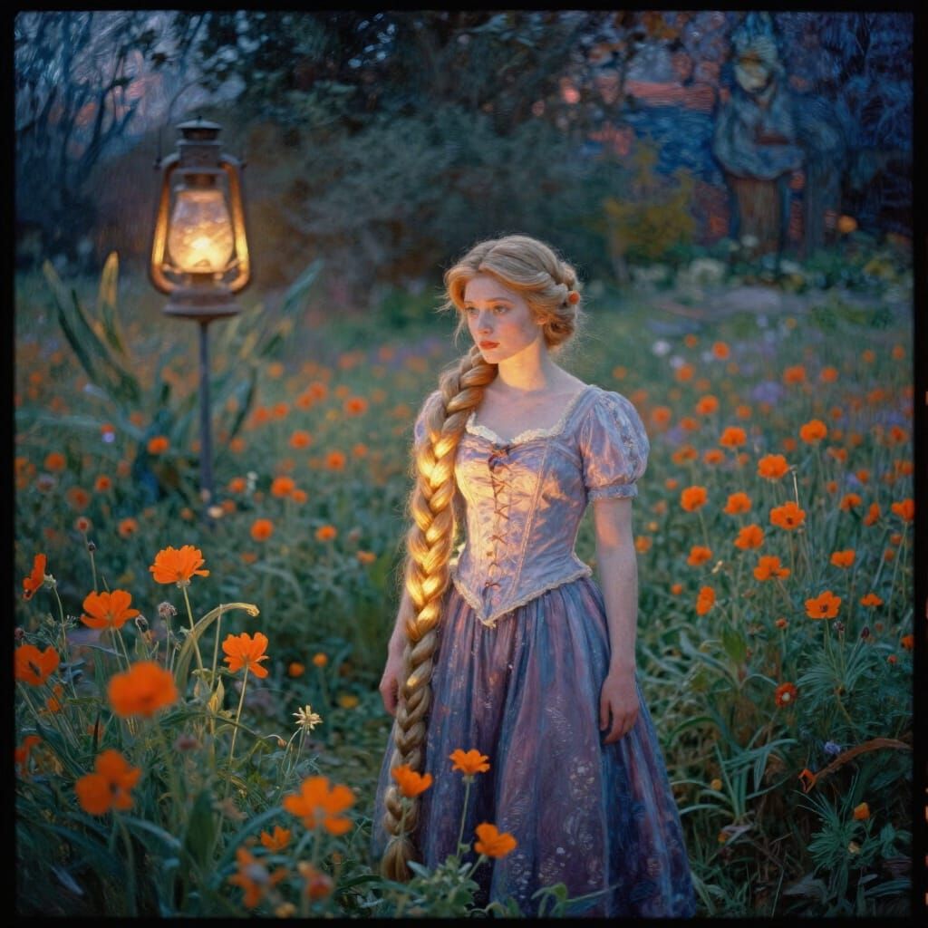 Glowing Orange Rapunzel Flower in Impressionist Landscape