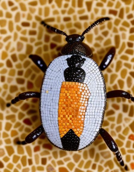 Spotted Beetle on Ocher Mosaic Background