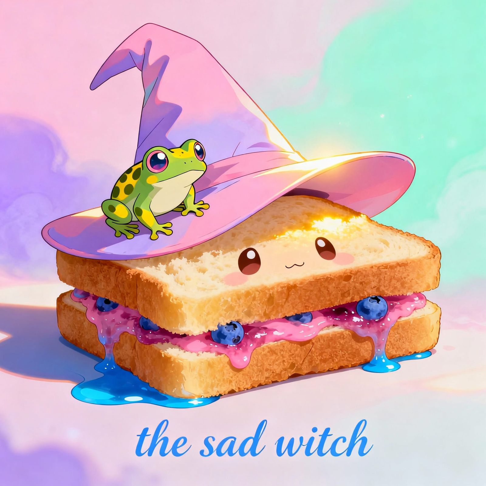 Kawaii Sandwich Witch with Frog Hat in Anime Style