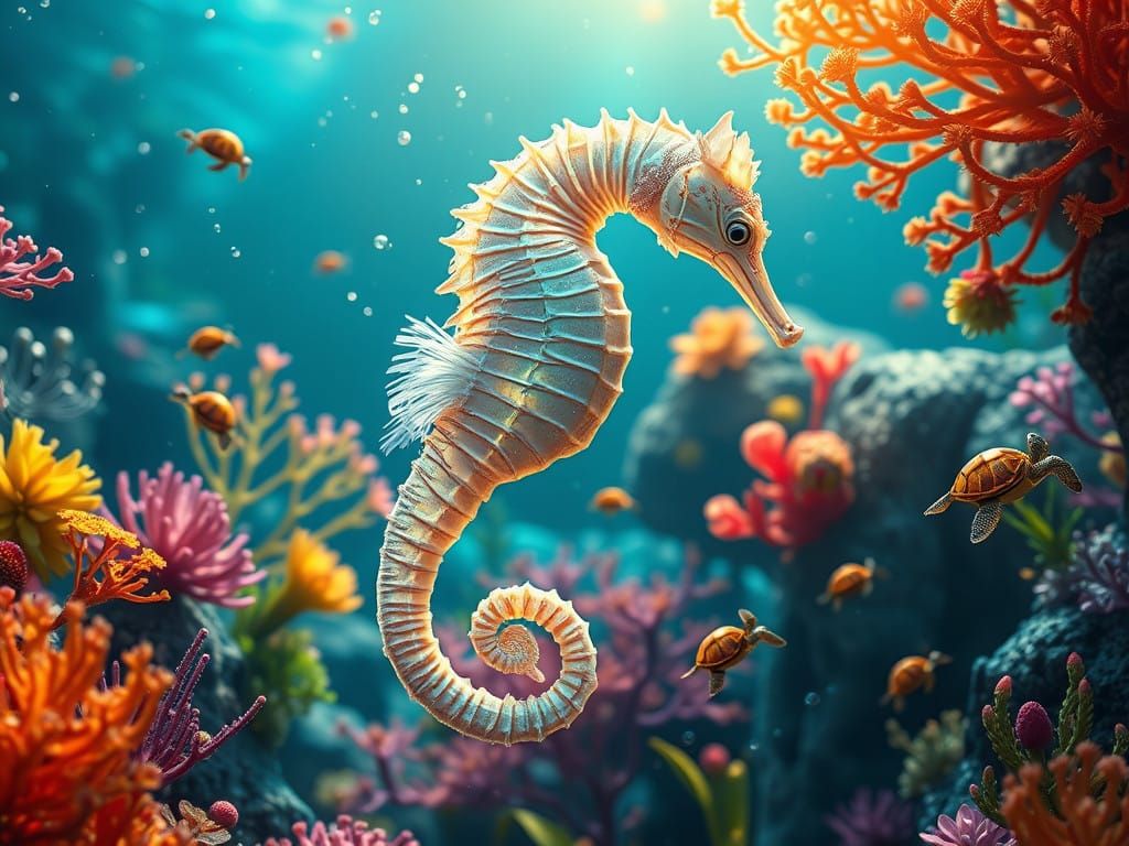 Majestic Opalescent Seahorse in Vibrant Underwater Garden