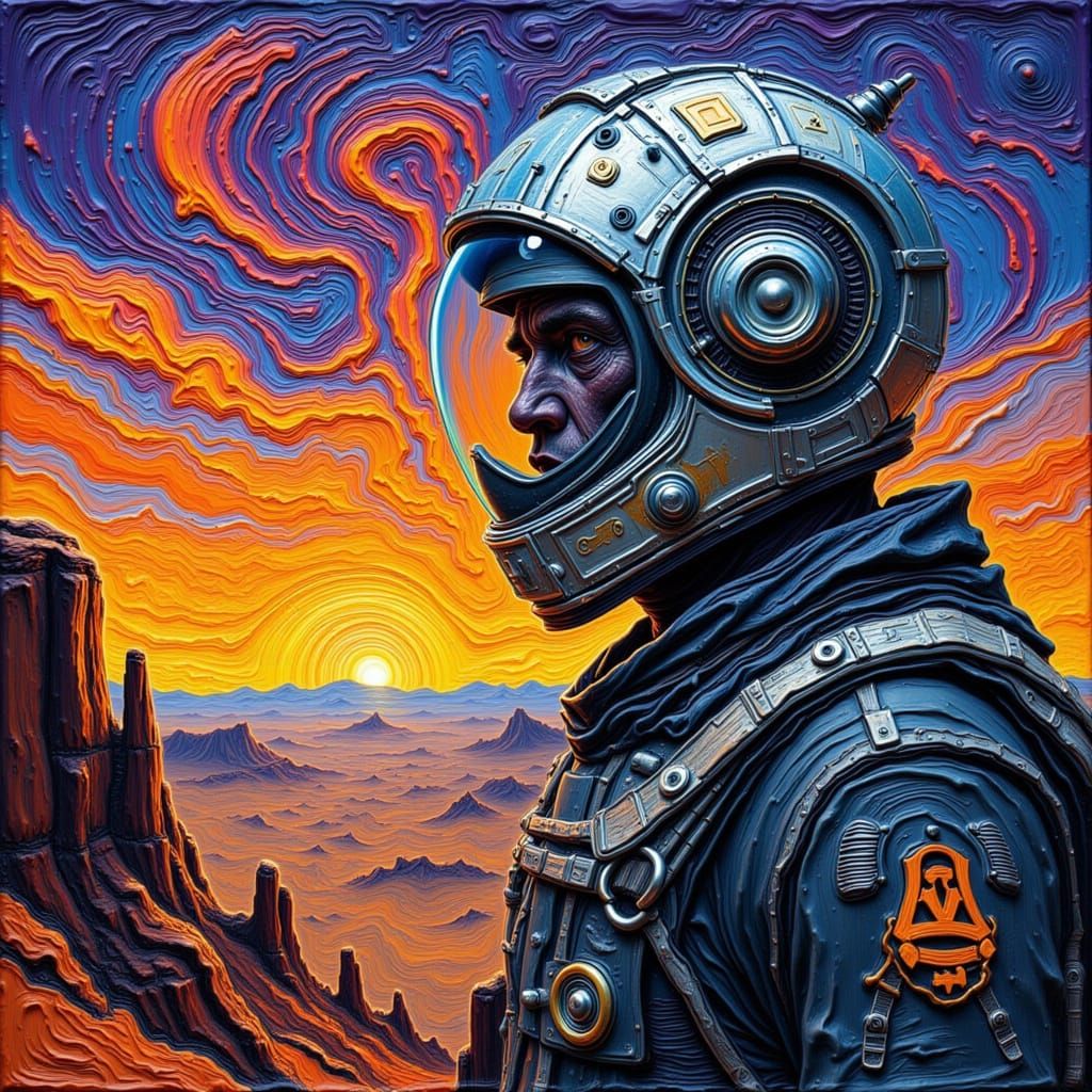 Cyborg Astronaut Gazing at Binary Sunset