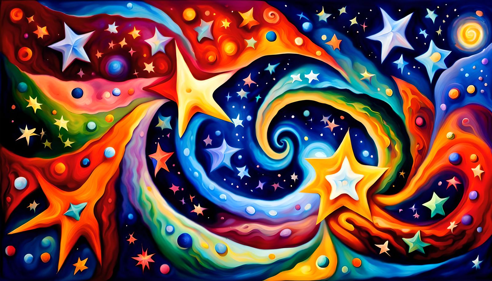 Cosmic Star Dance in Impasto Oil Painting Style