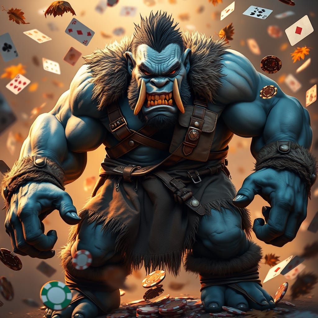 Ogre Barbarian in Whirlwind of Playing Cards