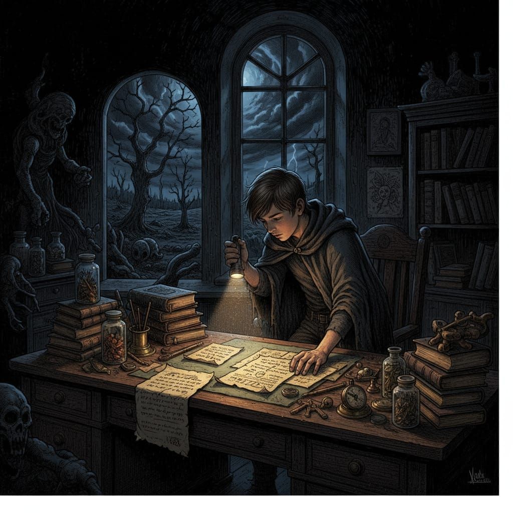 Teenage Boy Examines Documents in Dark Office