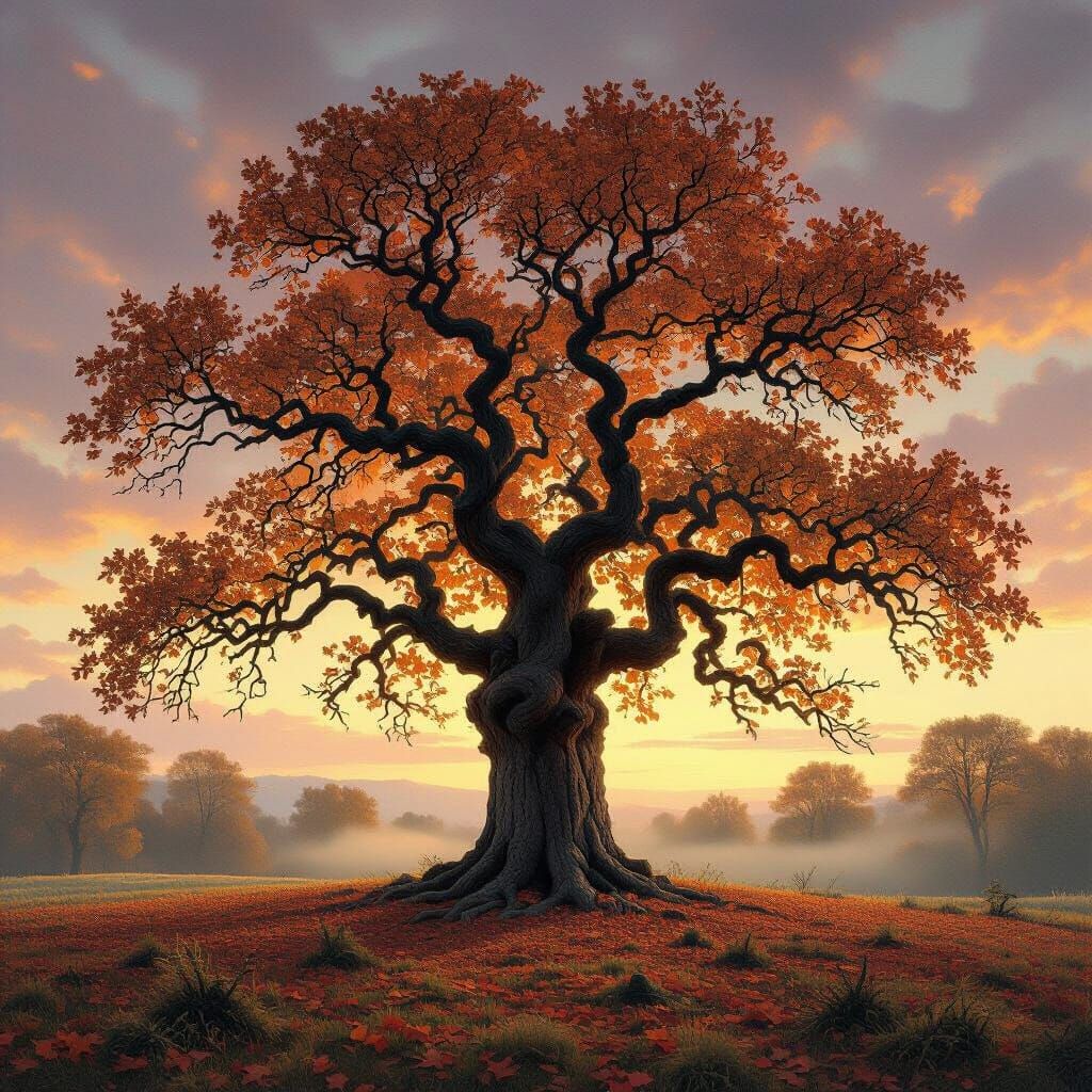 Ancient Oak in Twilight: Romantic Landscape