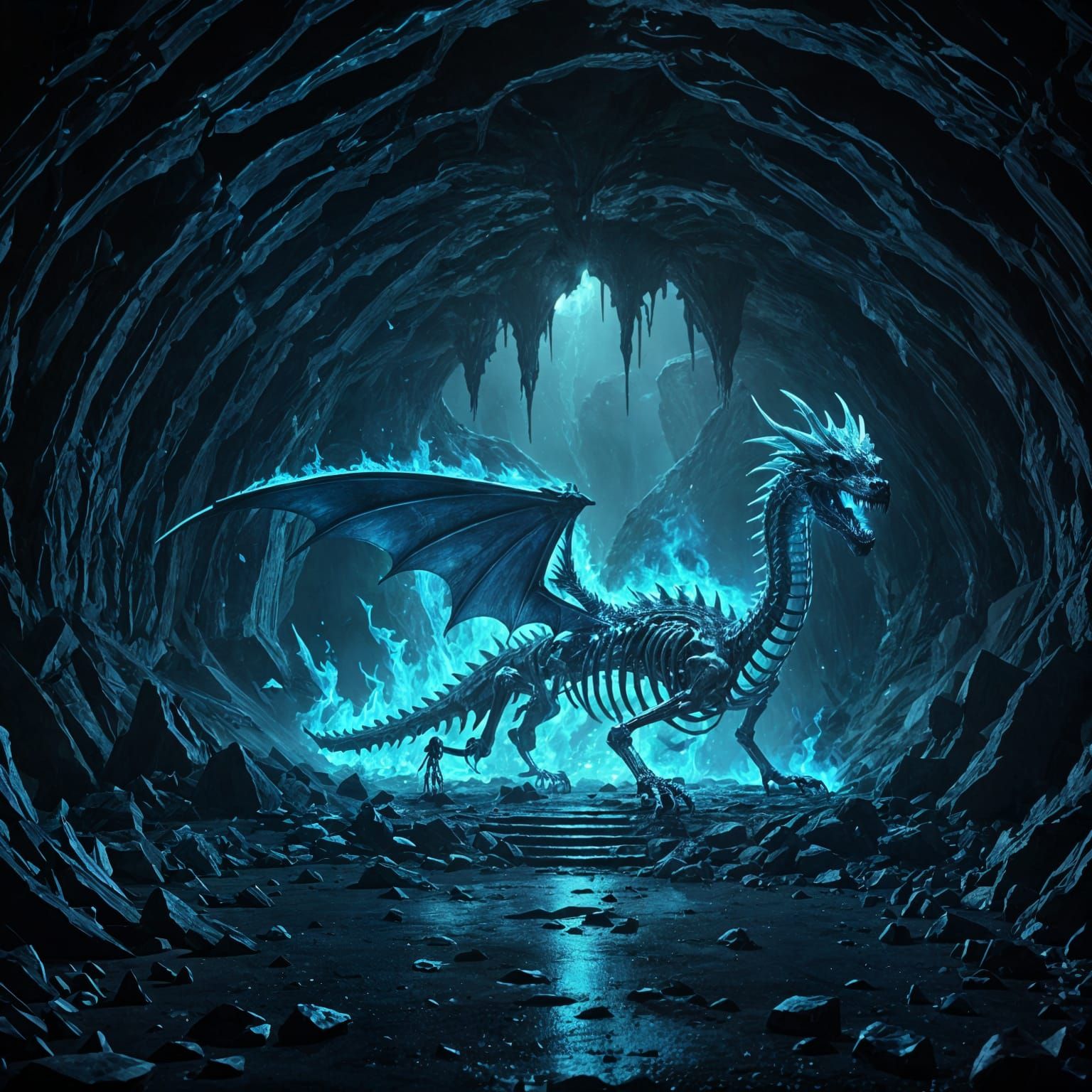 Blue Fire Dragon Skeleton in a Cave