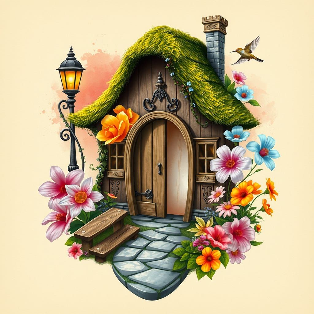 Whimsical Cottage Scene in Dreamy Art Nouveau Style