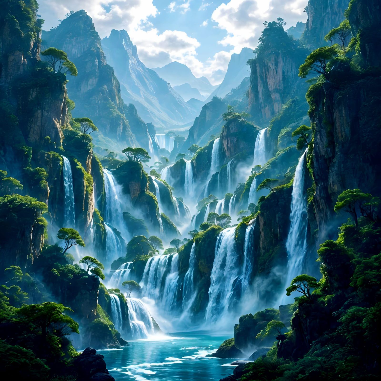 Filigree Mountains and Waterfalls in Detailed Matte Painting