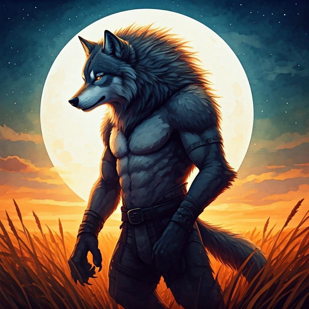 Werewolf Portrait Under Full Moon in Watercolor