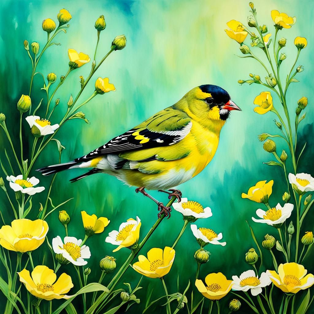 Goldfinch and Buttercups in Anime Style