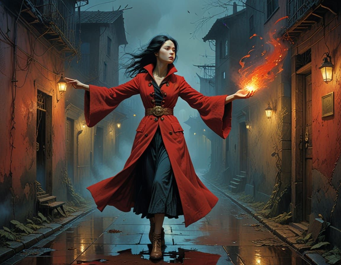 Mysterious Woman Conjures Flames in Fog-Shrouded Alleyway