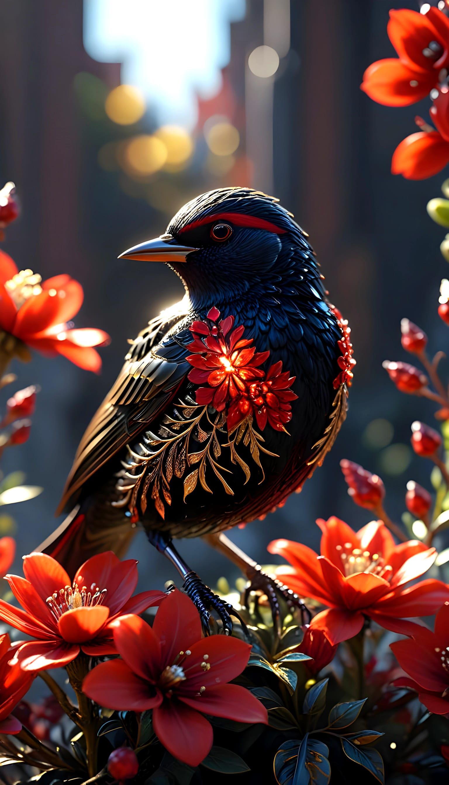 Golden Starling Serenade in Vibrant Crimson Bloom