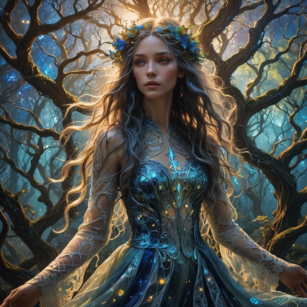 Ethereal Being in Bioluminescent Landscape