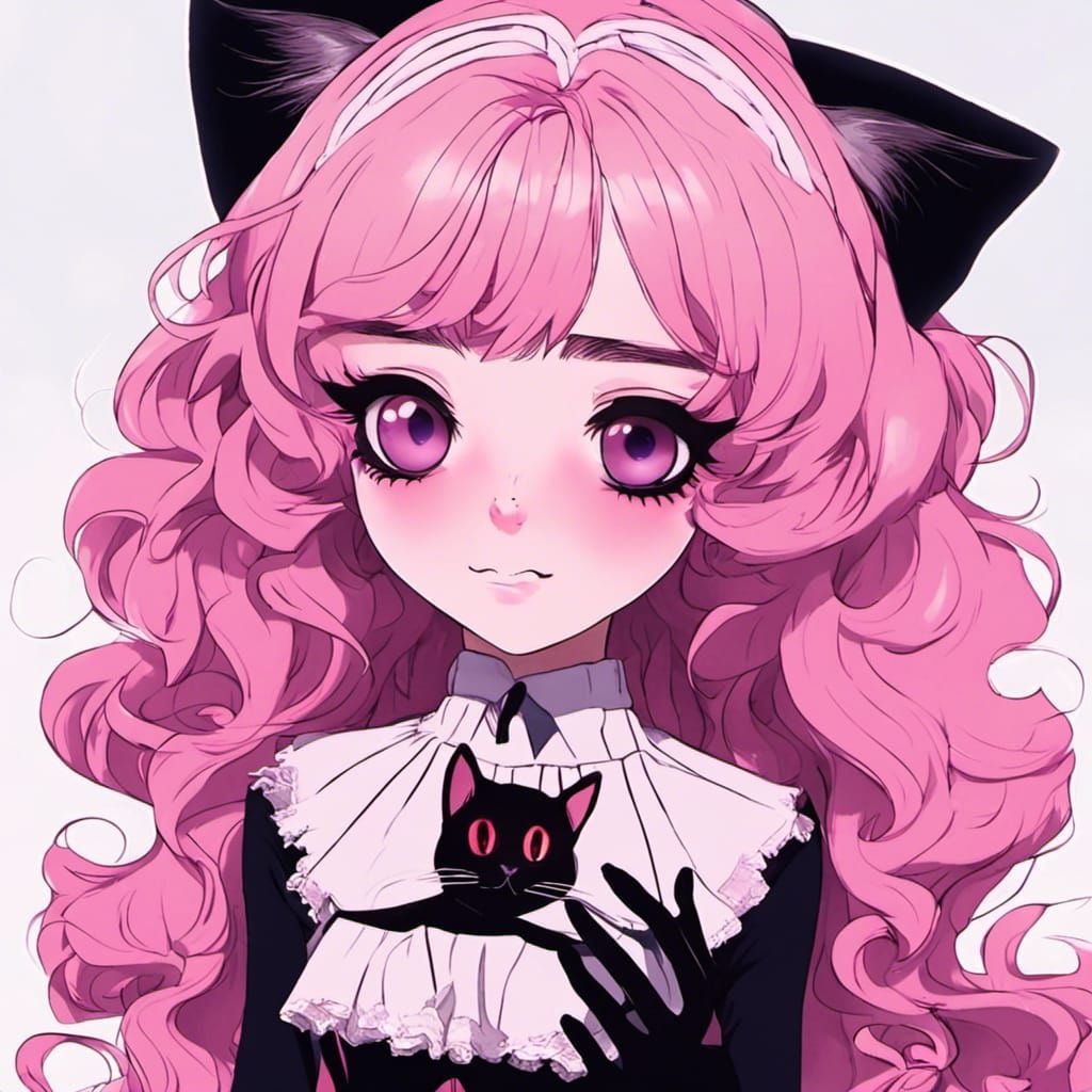 Anime Girl with Cat Face in Gothic Art Style
