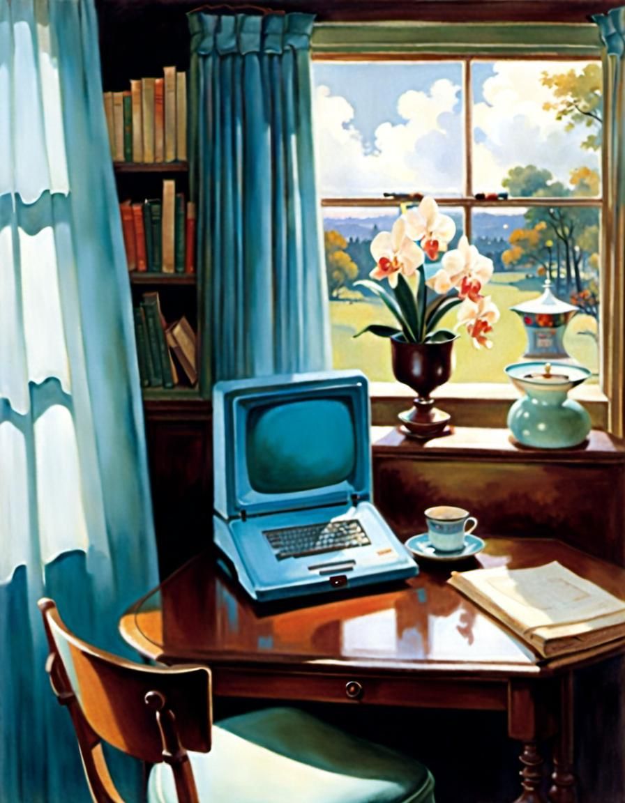 Retro-Futuristic Desk Scene in Norman Rockwell Style