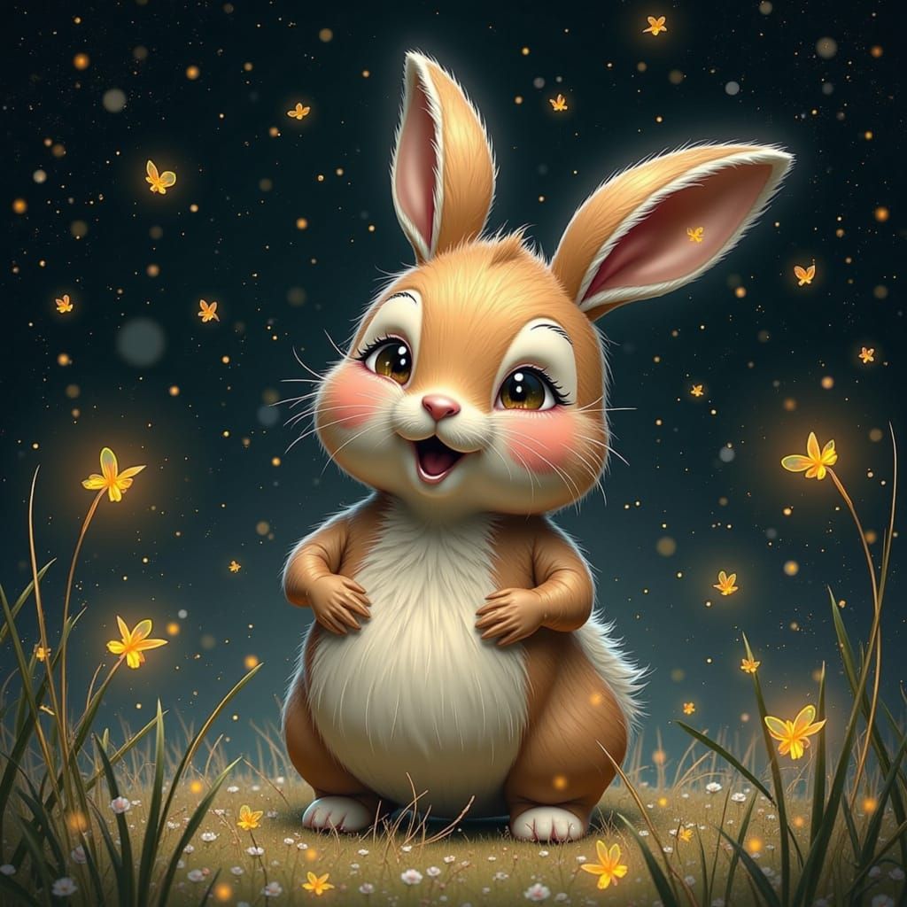 Joyful Rabbit in Whimsical Firefly Scene