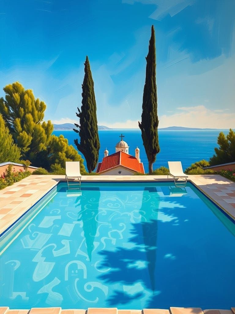 Serene Pool Scene with Pine Trees and Ocean, Abstract Oil Pa...