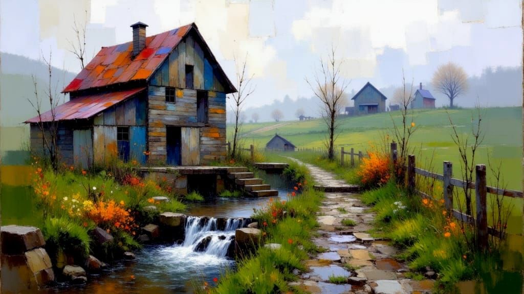 Vintage Barn Beside Rocky Stream in Morning Mist