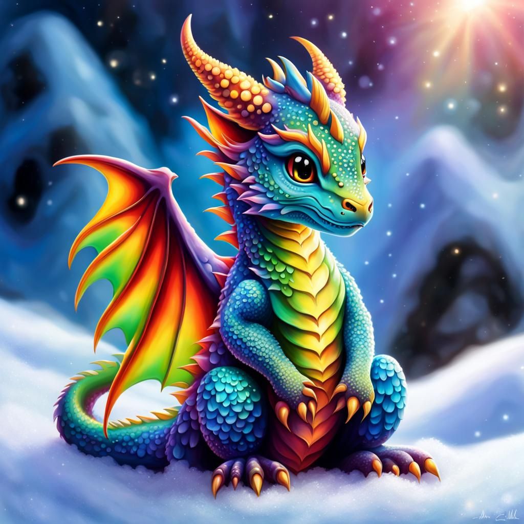 Psychedelic Baby Dragon in Snow, Forestpunk Style