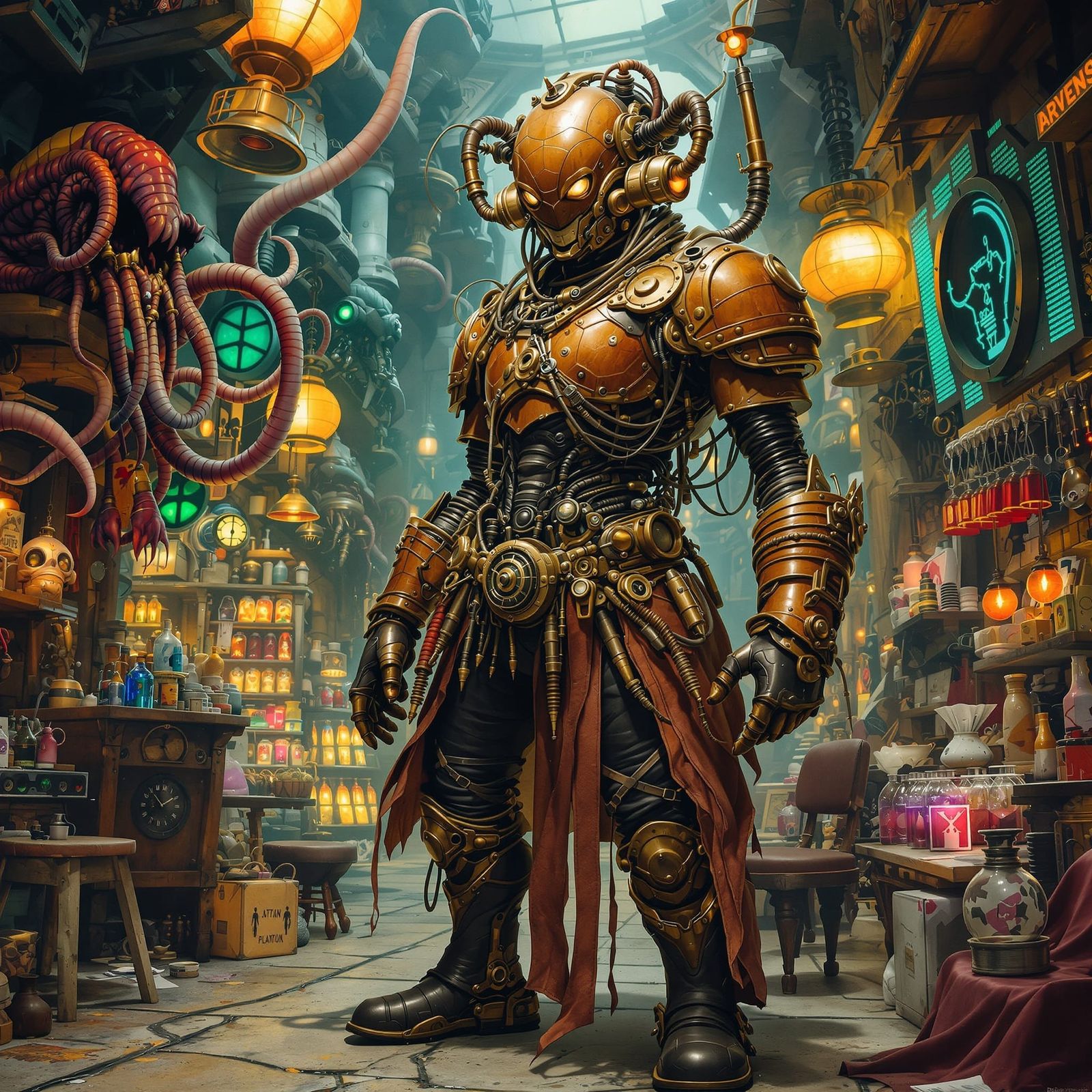 Steampunk Automaton in Alien Bazaar: Industrial Fantasy Art