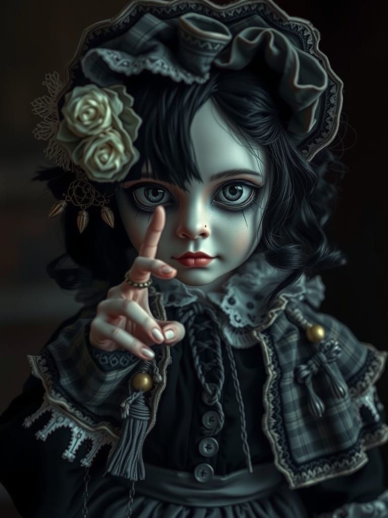 Eerie Gothic Doll Commands Silence in Hyperrealistic Style
