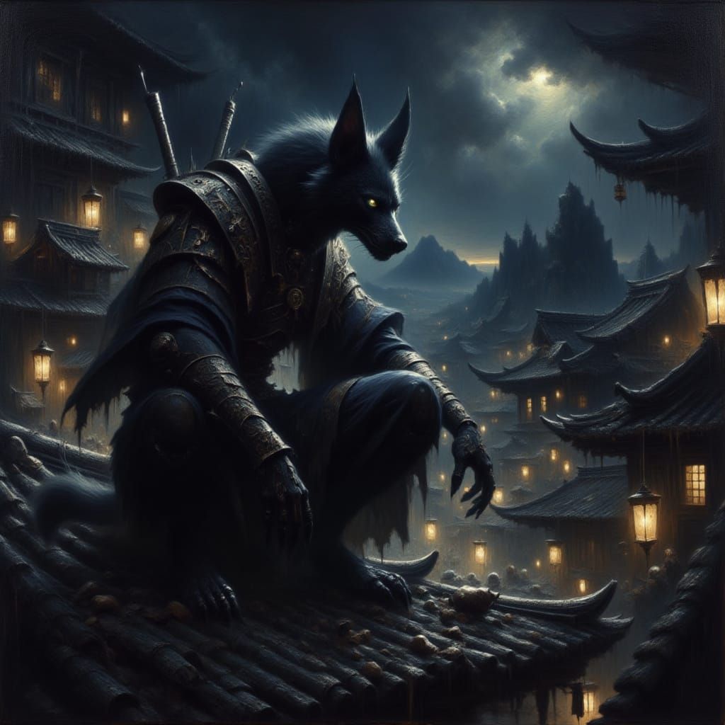 Jackal Assassin in Japanese Setting, Oil Painting